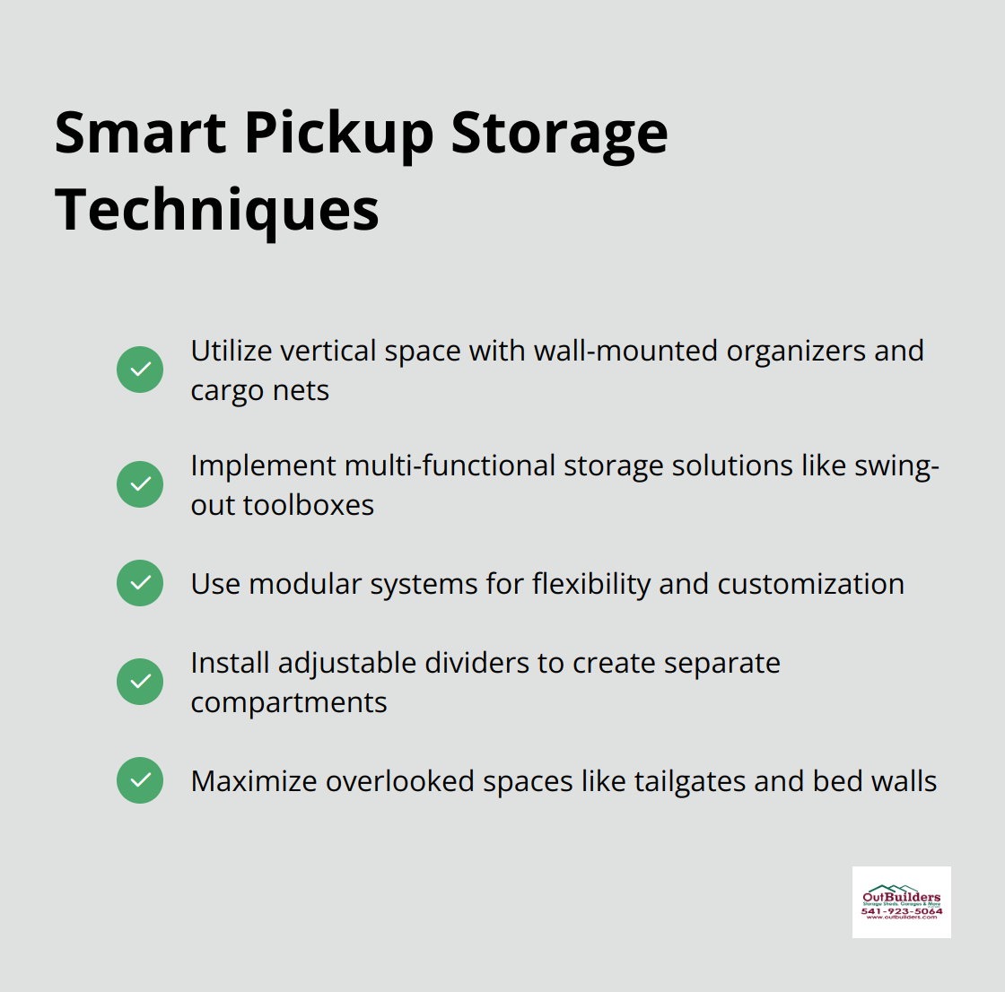 Checklist of smart space maximization techniques for pickup trucks