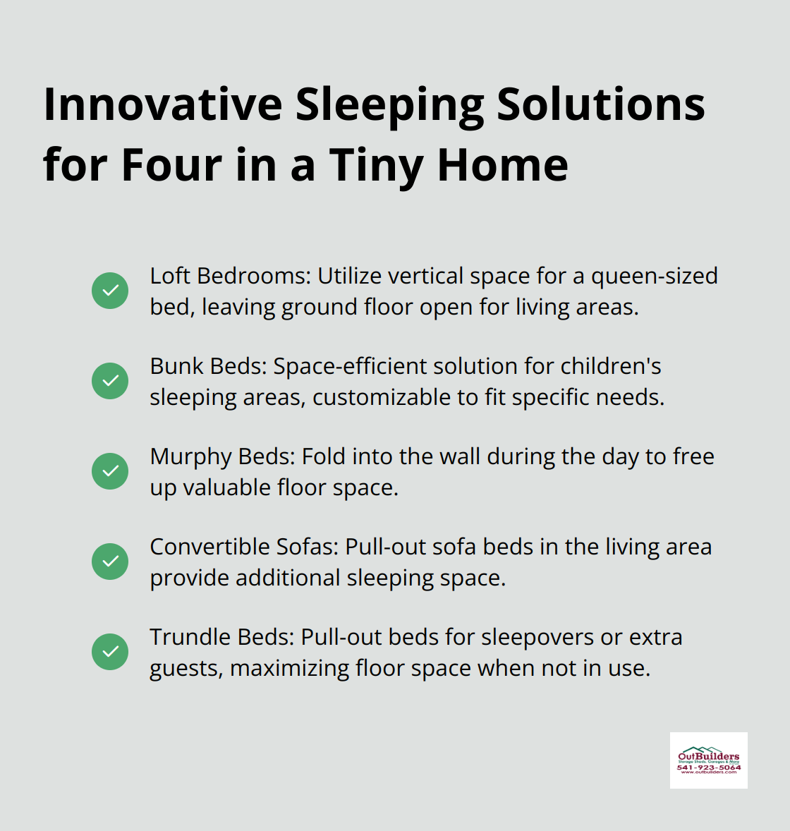 A checkmark list chart showing five innovative sleeping solutions for a family of four in a tiny home: loft bedrooms, bunk beds, Murphy beds, convertible sofas, and trundle beds.