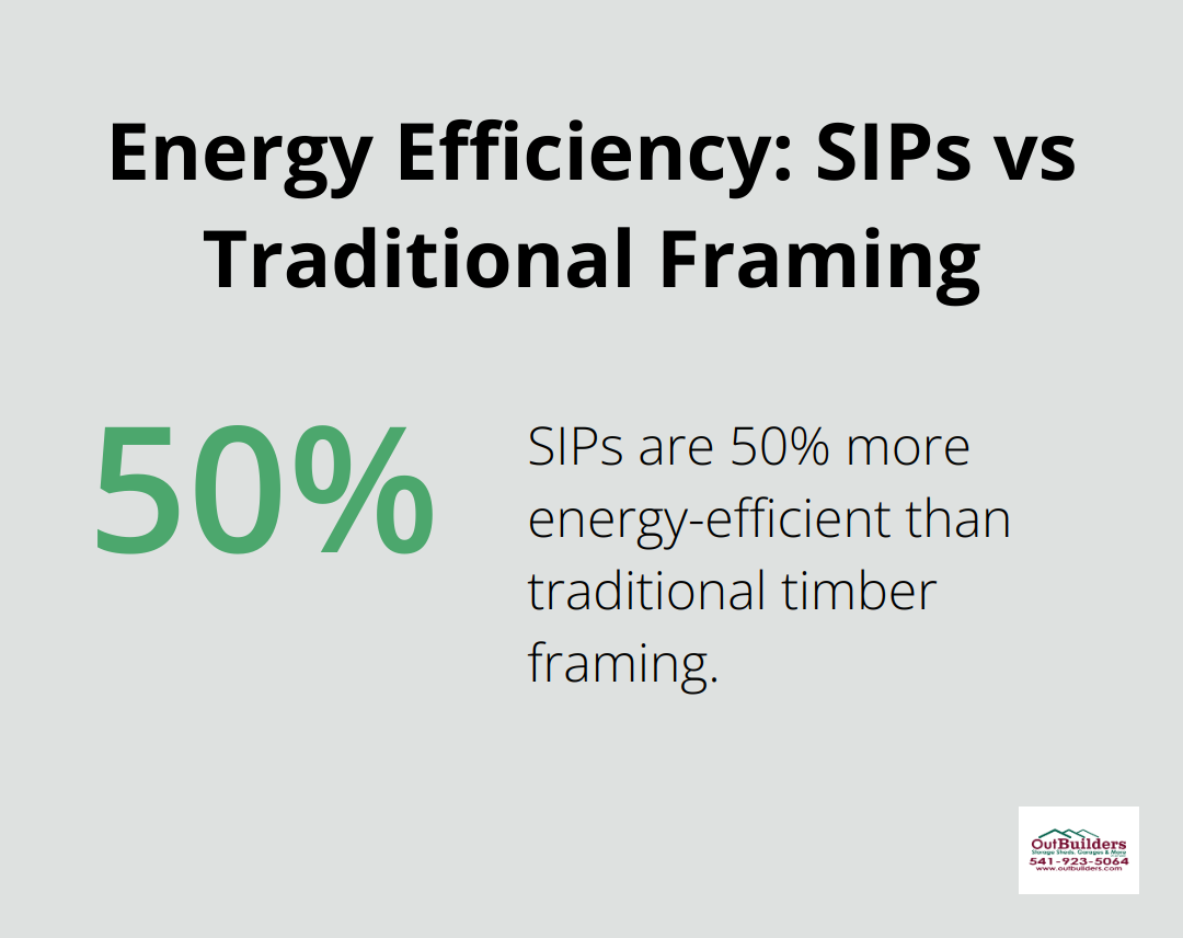 Percentage chart showing that structural insulated panels (SIPs) are 50% more energy-efficient than traditional timber framing.
