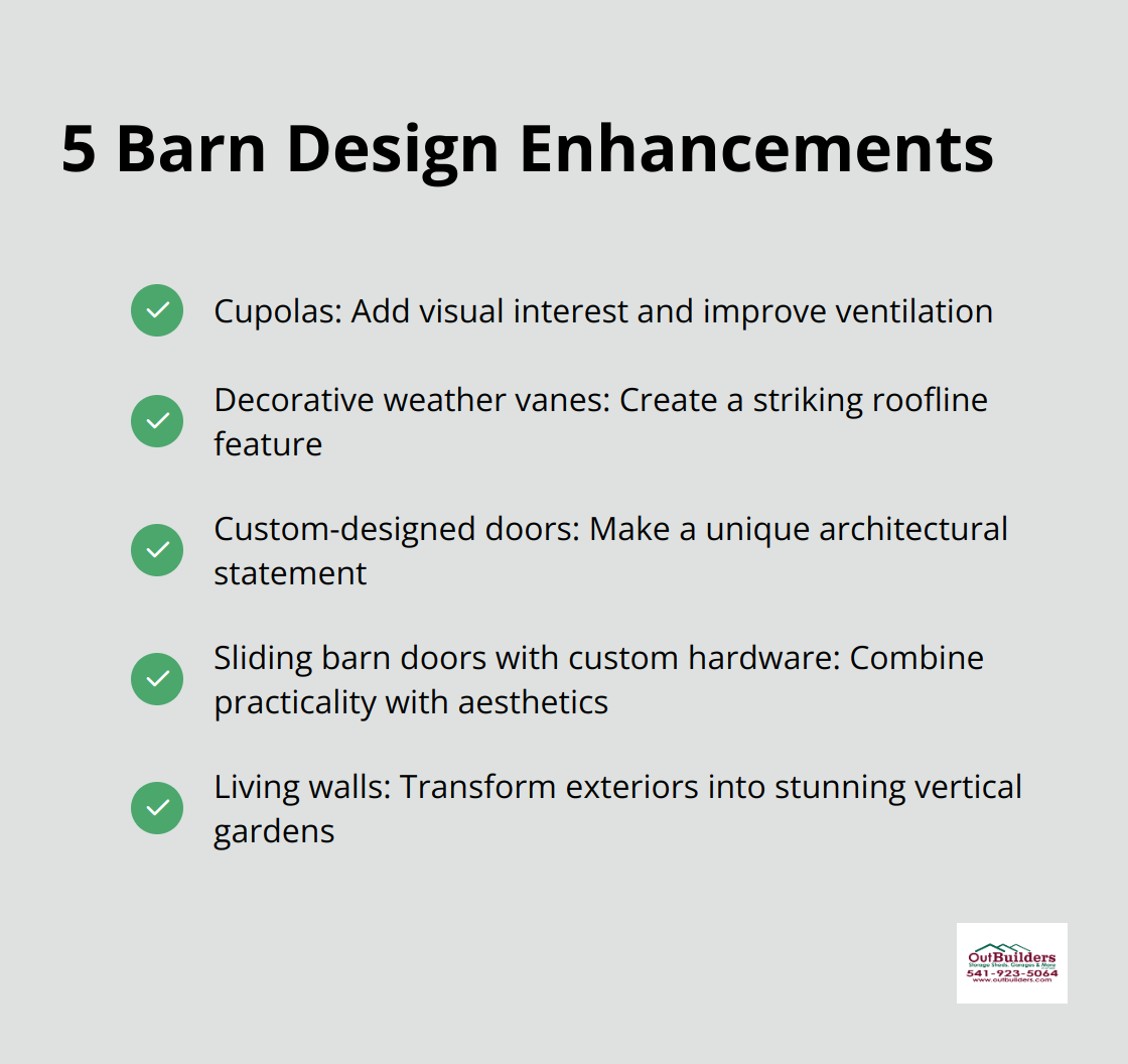A checklist of 5 unique features to elevate barn design: cupolas, weather vanes, custom doors, sliding barn doors, and living walls.